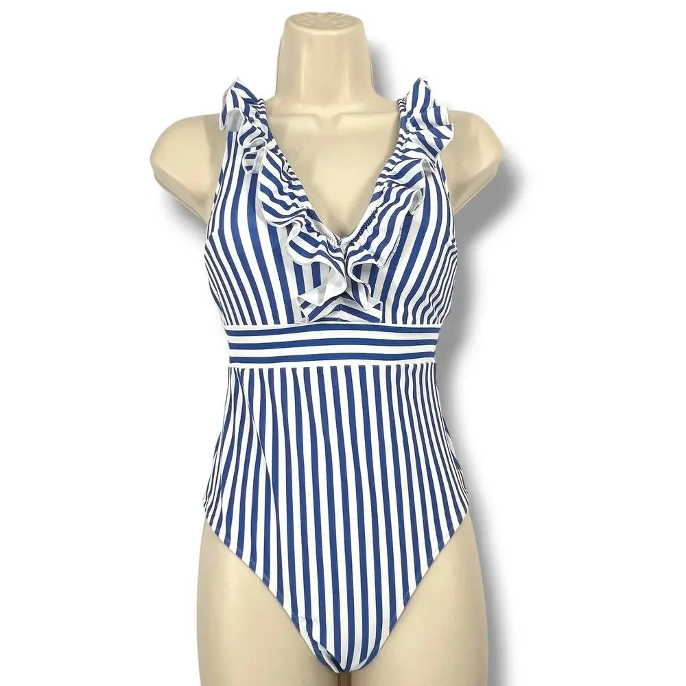 CUPSHE NWOT Blue Striped One Piece Ruffled Swim Suit  XS  Empire Waist